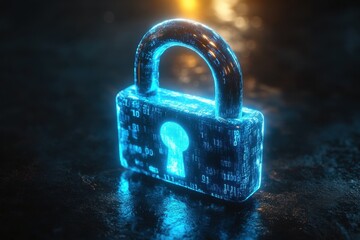 Neon Blue Holographic Lock Encrypted Digital Access Concept, Futuristic Binary Code Padlock Image Representing Secure Data Protection, Cybersecurity, and Privacy in the Digital Age High-resolution 3D