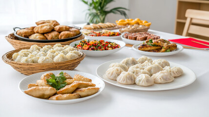 vibrant spread of traditional Chinese New Year dishes, featuring dumplings, pastries, and colorful salads, celebrating culture and togetherness