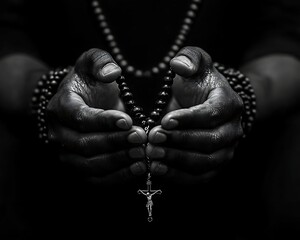 Hands holding rosary, prayer, dark background