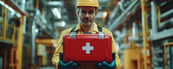 Preparedness in Industrial Settings An Industrial Worker Displays a First Aid Kit, Highlighting Safety Measures for Workplace Injuries and Accidents This image emphasizes proactive safety protocols