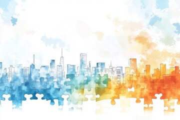 Fototapeta premium Watercolor background with puzzle pieces and skyline, gradient sky, and copy space for text. white, blue, and orange colors
