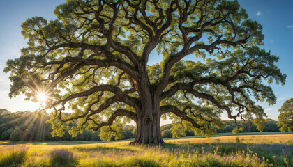 Obraz premium Majestic Tree in Serene Field with Sunlight