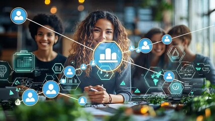 Women in Tech Networking: A group of diverse and smiling women are engaging in networking, business discussion, and connection enhanced by tech design and data overlay. - Powered by Adobe