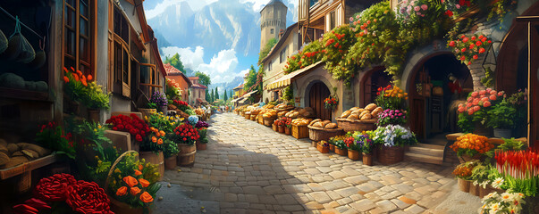 Fototapeta premium A picturesque street filled with vibrant flowers and local shops. The charming architecture invites visitors to explore the rich culture and delightful scenery of a quaint village.