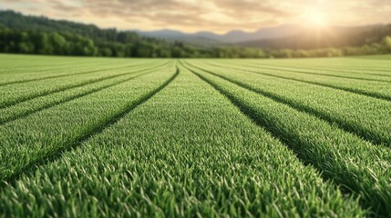 Naklejka premium Sunrise over lush green field nature landscape photography serene environment captivating viewpoint