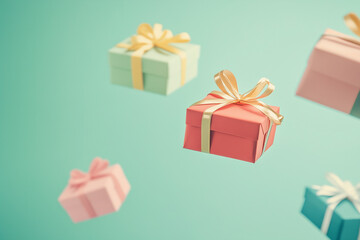 Obraz premium 2 Flying gifts concept with colorful wrapped presents floating in mid-air, with copy space. Soft light. Pastel background. 