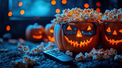 Naklejka premium A Halloween-themed movie night setup with popcorn, a remote control, spooky decorations, and 3D glasses on a dark background, ready for a scary movie marathon.