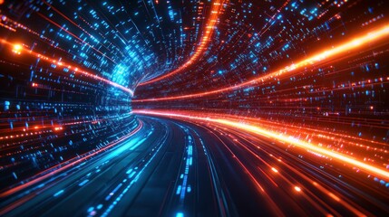 Obraz premium Futuristic digital highway tunnel, data stream, glowing lines