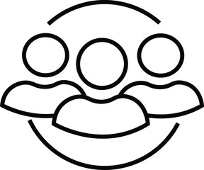  Line icon of three people in a circular embrace, symbolizing unity, collaboration, and support in community or organizational work, with transparent background.