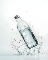 Water bottle splashing into clear water, creating dynamic droplets in a minimalist setting
