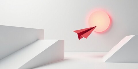 A Red Paper Airplane Soaring Towards a Glowing Orb in a Minimalist White Setting