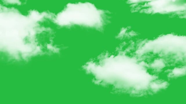 White fluffy clouds on a green screen. Animated clouds motion graphic effects on chroma key background
