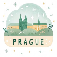 Obraz premium Prague Cityscape Illustration: A charming illustration of Prague's iconic skyline, featuring its majestic cathedrals nestled amongst rolling hills, adorned with twinkling stars and delicate foliage.