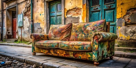 Naklejka premium Abandoned Sofa Street Photography, Old Furniture Curbside, Vintage Couch Urban Decay, Weathered Sofa Outdoor Portrait