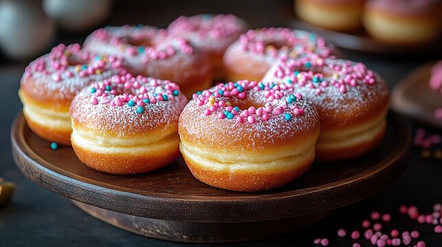 A joyful treats table with lively embellishments, traditional beads, and a plate of scrumptious doughnuts adorned with colorful powdered sugar.