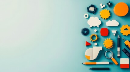 Obraz premium Colorful Miniature Objects And Stationery On Light Blue Background