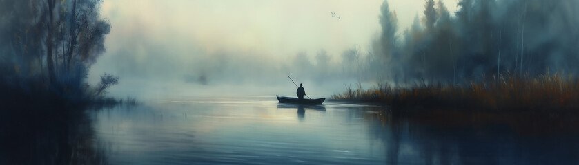 Fototapeta premium A serene landscape featuring a misty river at dawn with a lone fisherman in a small boat. Trees and reeds frame the scene, creating a peaceful atmosphere perfect for relaxation.