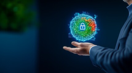 Businessman presenting a digital globe with a padlock symbol, showcasing cybersecurity concepts