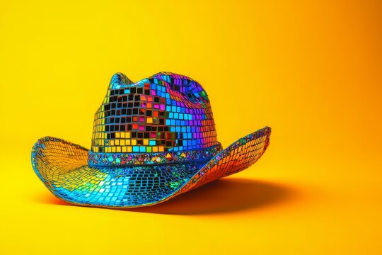 Shiny mosaic tile cowboy hat on bright yellow neon background for a bold disco look