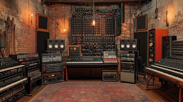 Vintage analog music recording studio with a modular synthesizer setup