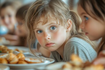 Child Feeling Excluded at a Bustling School Lunch Table Surrounded by Laughing Peers Showcasing the Challenges of Social Interaction and Inclusion
