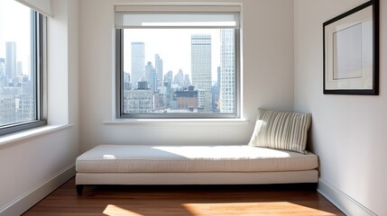 Fototapeta premium Bright Modern Interior with City View from Cozy Daybed
