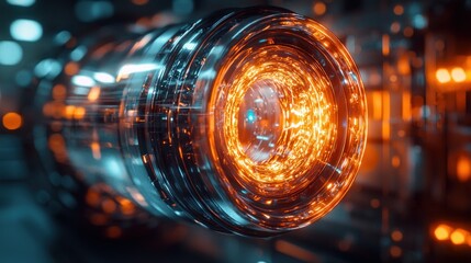 Futuristic energy core glows brightly, tech background