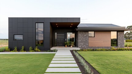 Fototapeta premium Modern Residential Home with Elegant Design and Green Lawn Area