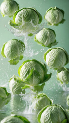 Fresh heads of leafy green vegetables are suspended mid-air, some are splashing, against a vibrant, light green studio backdrop.
