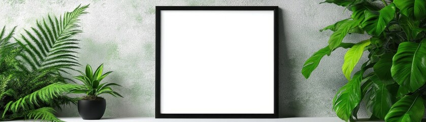 Obraz premium Minimalist frame on wall surrounded by lush green plants for modern decor inspiration.