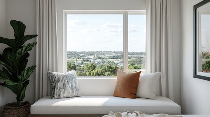 Cozy Interior with Window View of Scenic Landscape and Greenery