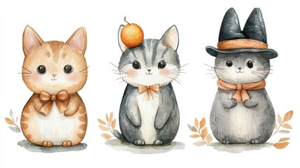 Obraz premium Cute Cartoon Cats in Halloween Costumes with Bow Ties and Accessories