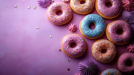 a top view shot capturing a lively table arrangement featuring sweet donuts, decorative fans, ribbon, star bead garlands on a vibrant purple background, perfect for messaging.