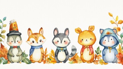 Obraz premium Cute Woodland Animal Characters in Autumn Setting with Leaves