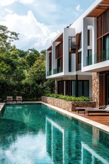 Fototapeta premium Modern villa with landscaped pool and lush greenery in daylight