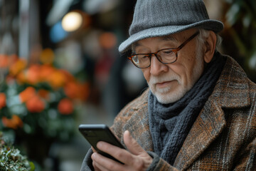 Senior man in a warm hat and scarf checking messages on a cold day
