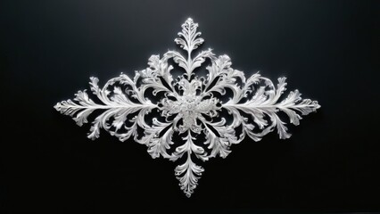 Luxurious Silver Snowflake CloseUp with Intricate Symmetrical Filigree Designs on Black Background.