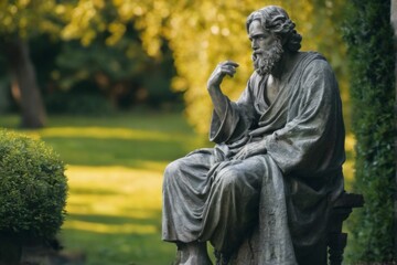 Fototapeta premium Sculpture of a contemplative man in a serene garden setting, made of stone with soft natural lighting.