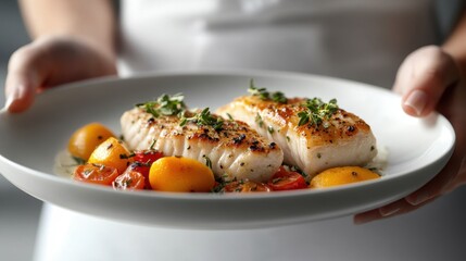 Woman preparing a delicious and healthy farm-to-table dish featuring pan-seared fish fillets, vibrant heirloom cherry tomatoes, and a zesty citrus glaze This image showcases fresh, seasonal
