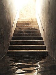 A stairway partially submerged in water, illuminated by light from above, creates a mystical and eerie atmosphere.