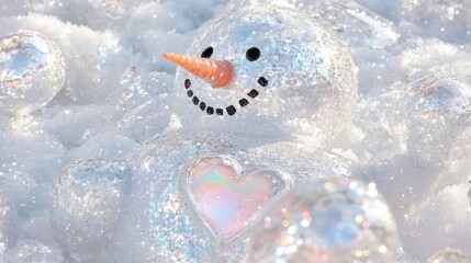 Obraz premium A whimsical snowman made of sparkly materials, surrounded by glittering decorative orbs in a frosty setting.