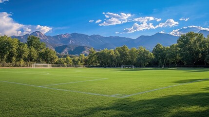 Serene Soccer Field with Mountain backdrop