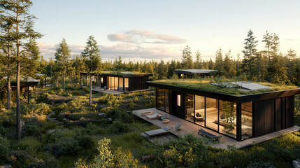 Obraz premium Futuristic eco resort featuring solar powered cabins surrounded by lush greenery, offering serene escape in nature