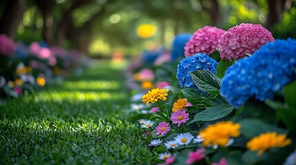 A vibrant flower bed lines a grassy path, showcasing a colorful array of pink, blue, and yellow blooms