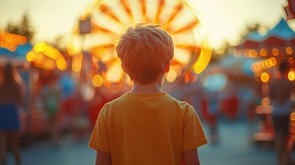 Obraz premium A child in a yellow shirt gazes at a vibrant carnival scene filled with colorful lights and attractions during sunset.