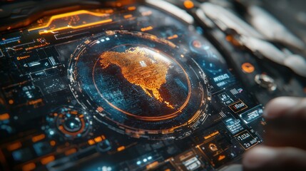 Futuristic interface displays Earth, space travel