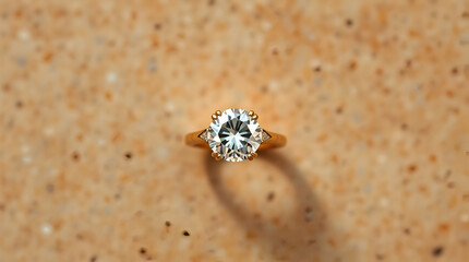 A diamond ring placed on a textured sandstone surface. The perfect visual for weddings, anniversaries, and proposals.