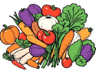 Colorful hand drawn fresh vegetables bundle isolated on white background, vegan products, vegetarian food, flat cartoon vector illustration, vegan, hand drawn, bundle