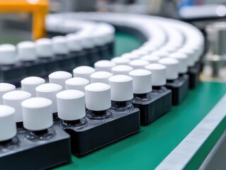 Obraz premium A close-up of white caps on a conveyor belt in a manufacturing plant.