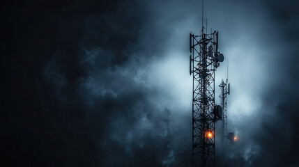 Fototapeta premium Futuristic telecommunications tower surrounded by fog and darkness, creating mysterious atmosphere
